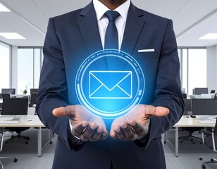 Businessman holding a holographic email symbol in an office