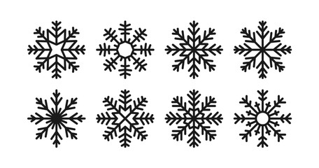 Snowflakes set. Snow flakes, winter crystal ornament with pattern, shape. Snowy decoration silhouettes, Christmas decor. Seasonal design element. Flat vector illustrations isolated on white background