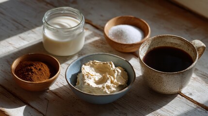 Fototapeta premium Morning sun bathes rustic coffee ritual, creamy delight whispers Hygge intent, invoking World Cappuccino Day and cozy beginnings