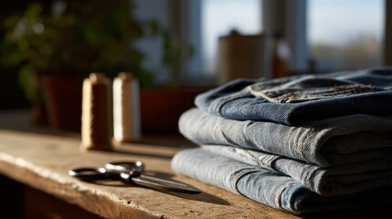 Scissors and folded denim bask in golden morning light, celebrating Slow Fashion October and the tactile joy of mending