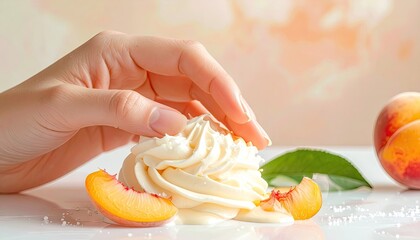 Hand Gently Touching Creamy Peach Dessert