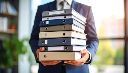 Businessman holding a stack of file folders