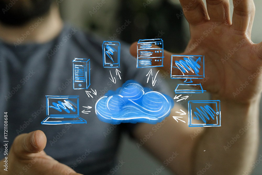 Poster secure cloud network, data synchronization, digital devices connected, technology concept.