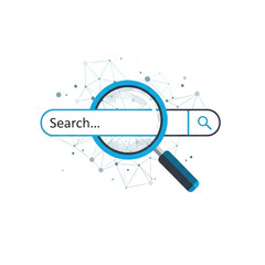 A magnifying glass hovers over a search bar with the word "Search..." inside, symbolizing the concept of online searching and information retrieval.
