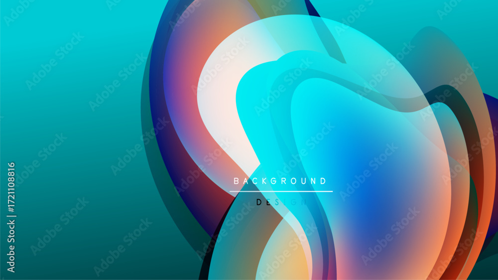 Poster abstract fluid shapes overlap, creating vibrant color gradients. dark background emphasizes luminous