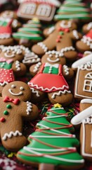 A close-up, high-angle shot of a festive assortment of Christmas gingerbread cookies, including gingerbread men, trees, and houses, decorated with colorful icing.