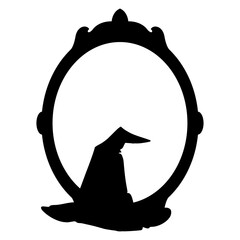 Logo con silueta de marco ovalado de espejo decorativo con sombrero de bruja para tarjetas y felicitaciones de Halloween © teracreonte