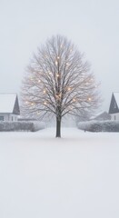 Winter scene with a tree decorated with lights in a snowy landscape.