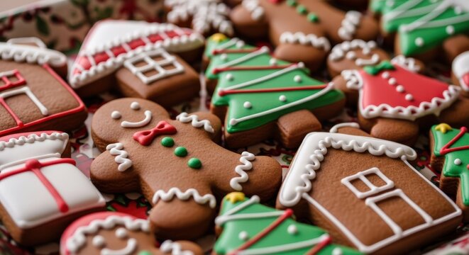 Festive gingerbread cookies decorated with icing in various shapes and colors.