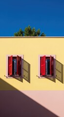 Bright yellow building facade with two red window shutters, a clear blue sky, and a tree.