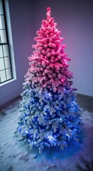Snow-flocked artificial Christmas tree with colorful LED lights.