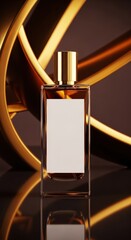 A luxurious perfume bottle with a gold cap and blank label sits on a reflective surface against an abstract golden background.