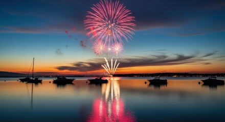 Vibrant fireworks explode over a tranquil bay at sunset, illuminating the water and silhouetted boats.