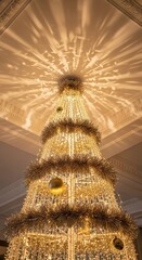 Ornate Christmas tree with golden decorations and lights.