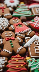 Festive gingerbread cookies decorated with icing in the shapes of people, trees, and houses.