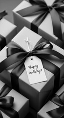 Close-up view of several wrapped gifts with black ribbons and a tag that says "Happy Holidays".