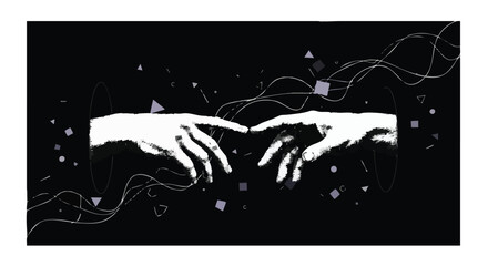 Artistic depiction of two hands almost touching, representing connection and creation against a dark background.