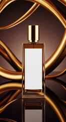 Elegant perfume bottle with blank label and golden abstract background.
