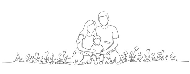 Parents are shown sitting on the grass, with their children nestled close to them. The design is abstract and minimalist, giving the impression of being drawn with a single stroke of a pen.