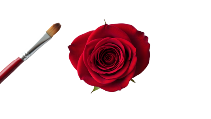 Creative Flat Lay Composition of Red Roses and Paint Brush Isolated on White Background