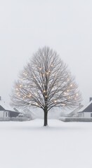 Snowy winter scene with a decorated tree in a field of snow.