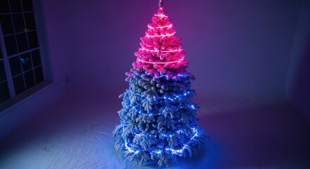 Snow-flocked Christmas tree with pink and blue LED lights.