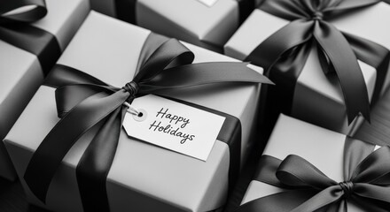 A collection of elegantly wrapped gift boxes tied with dark satin ribbons, featuring a "Happy Holidays" tag on one.
