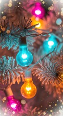 Close-up of vibrant, colorful Christmas lights illuminating a frosted evergreen tree branch with festive bokeh in the background.