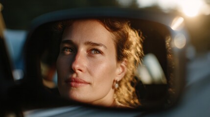 A contemplative Caucasian woman reflected in a car mirror, echoing New Year's introspection and World Day of Contemplation
