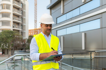 Male Supervisor in hardhat and reflective vest taking notes on clipboard during building inspection