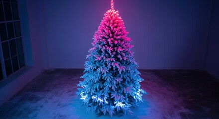 Christmas tree illuminated with pink and blue lights in a room.