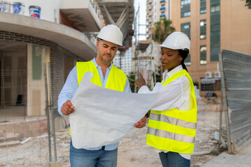 Two diverse Engineers analyzing blueprint on construction site discussing building project