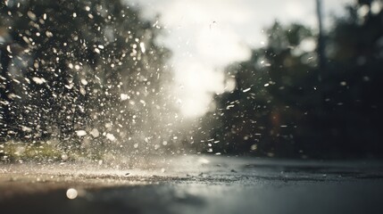 Raindrops Splashing on Wet Pavement with Soft Background Blurring Nature and Light Reflections in Urban Environment