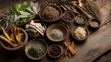 Medicinal herbs arranged in clay plates on wooden surface. Represents traditional medicine, natural healing, herbal remedies. Ideal holistic health content.