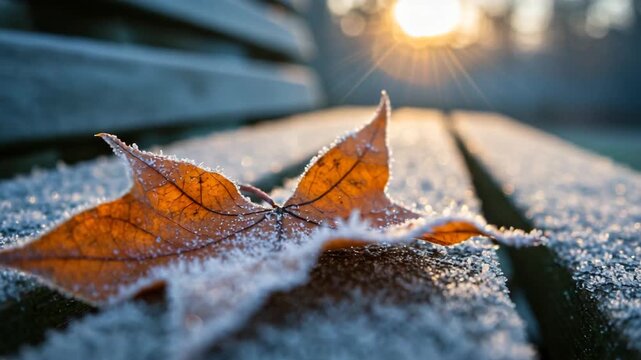 First frost leaf on park bench, autumn frost macro nature, cold morning outdoor scene, icy leaf texture shining at sunrise, early frost atmosphere stock video clip for seasonal nature footage