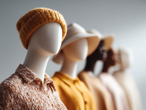 Diverse mannequins showcase neutraltoned clothing  hats. Abstract fashion concept for retail, equality, or trends. Ideal for blog, ad, or website.
