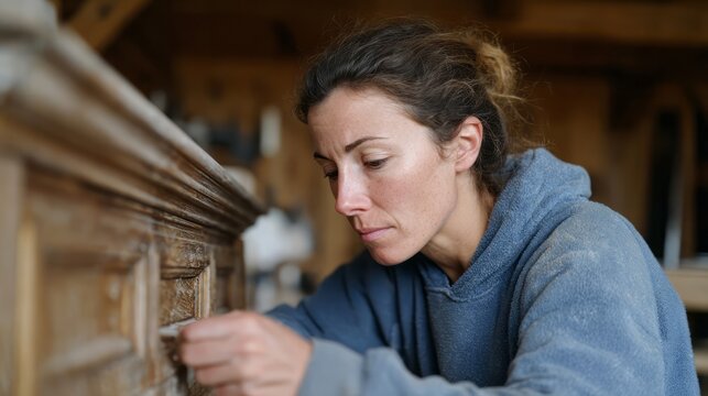 ``` A dedicated artisan woman, with European descent, meticulously crafts antique details, evoking Saint Joseph's Day and National Craft Month```