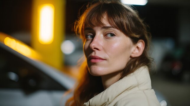 In the glow of urban nightfall, a pensive Caucasian woman contemplates life's labyrinthine pathways, evoking National Simplicity Day musings