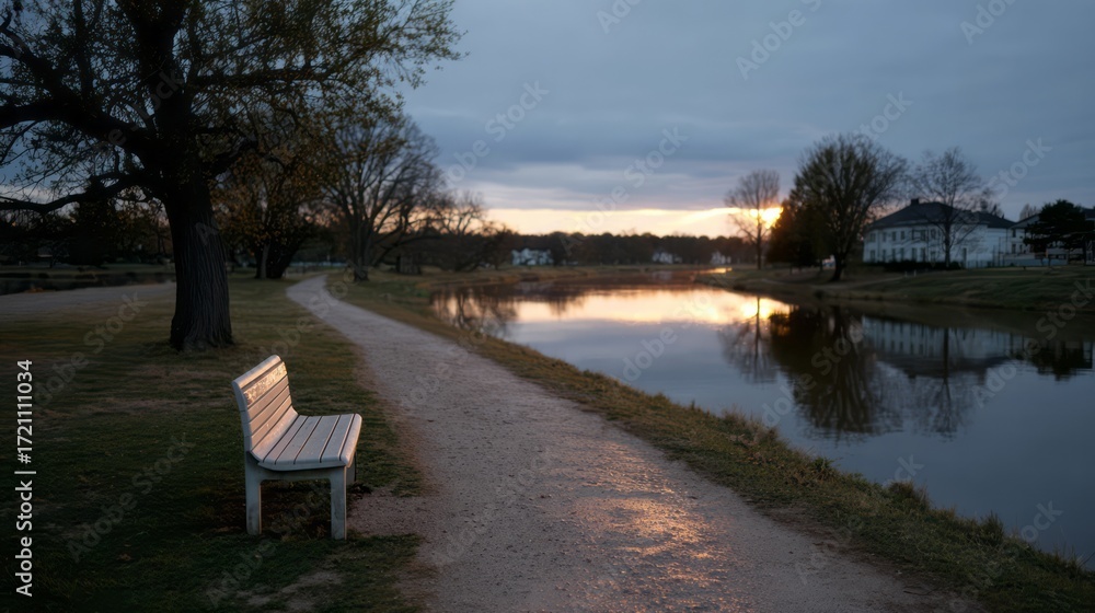Poster silent bench beside reflective river at twilight, evoking contemplation; aligns with world introvert