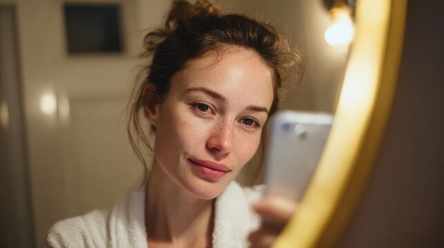 A serene Caucasian woman in cozy robe captures early morning's quietude, echoing Nollaig na mBan's gentle self-care ritual