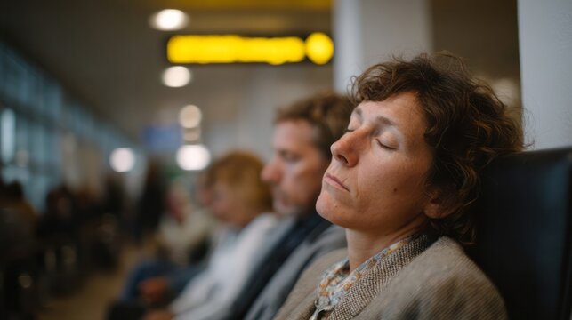 Sleeping traveler dreams amid bustling airport terminal, evoking Jet Lag Day chaos and Quiet Complacency Festival, serene Caucasian woman