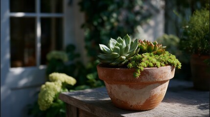 Sun-kissed succulent pot embodies verdant tranquility, perfect for National Indoor Plant Week, nurturing Zen gardens and botanical meditation