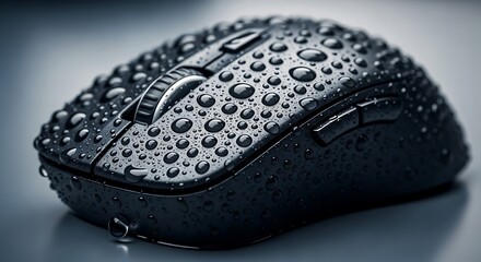 Close-up view of a water-resistant computer mouse, showcasing numerous water droplets on its surface.