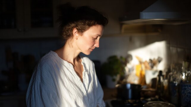 Serene Caucasian woman, bathed in golden-hour light, contemplates culinary artistry, evoking Nollaig na mBan and Umhlanga kitchen rituals