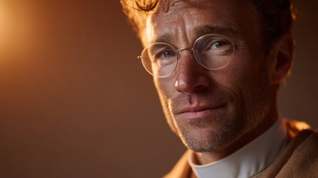 Warm glow illuminates thoughtful Caucasian man in glasses, echoes of St Davids Day, wisdom, contemplative serenity, introspective gaze
