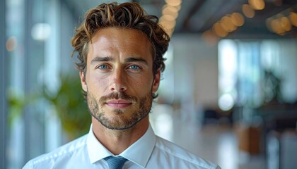Portrait of a Man with Light Blue Eyes and Short Brown Hair