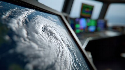 Storm's swirling tempest mirrored in a ship's radar screen, evoking World Meteorological Day's mystic marine vigilance