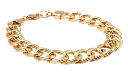 Gold curb chain bracelet with textured links isolated on a transparent background