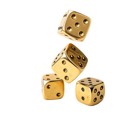 Gold dice falling in motion on background isolated on a transparent background gambling