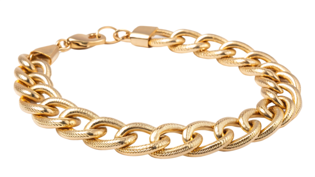 Gold curb chain bracelet with textured links isolated on a transparent background